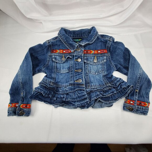 VTG Genuine Kids By OshKosh Girls 4T Denim Jean Jacket Southwestern Ruffle Hem - Picture 1 of 12